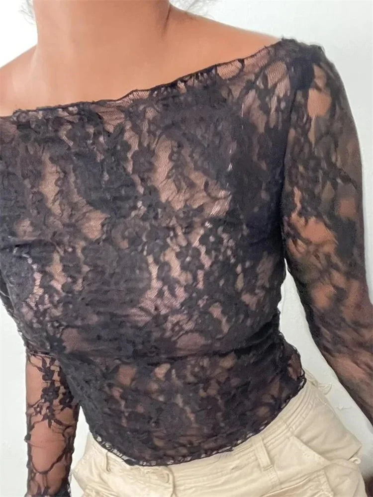 Slash Neck Off Shoulder Lace See-Through Long Sleeve Casual Pullover Club T-shirts
