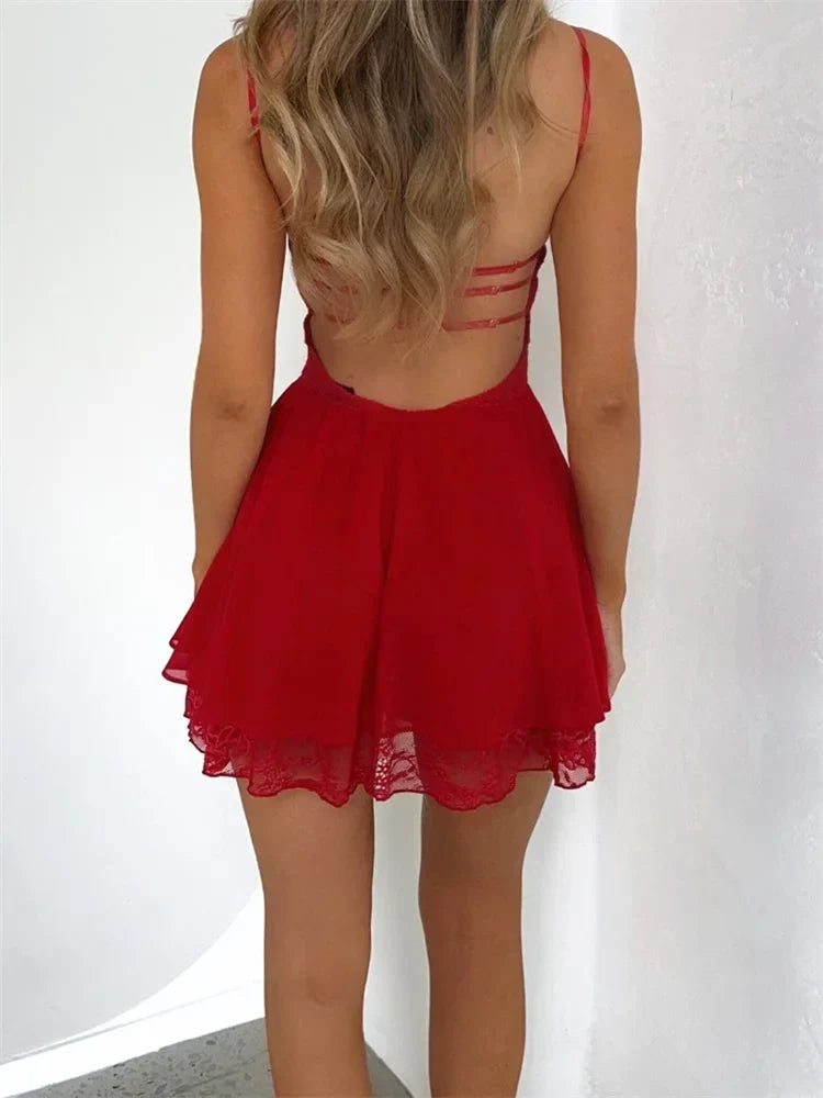 Lace Patchwork Spaghetti Strap Party Mini Dresses - View 5