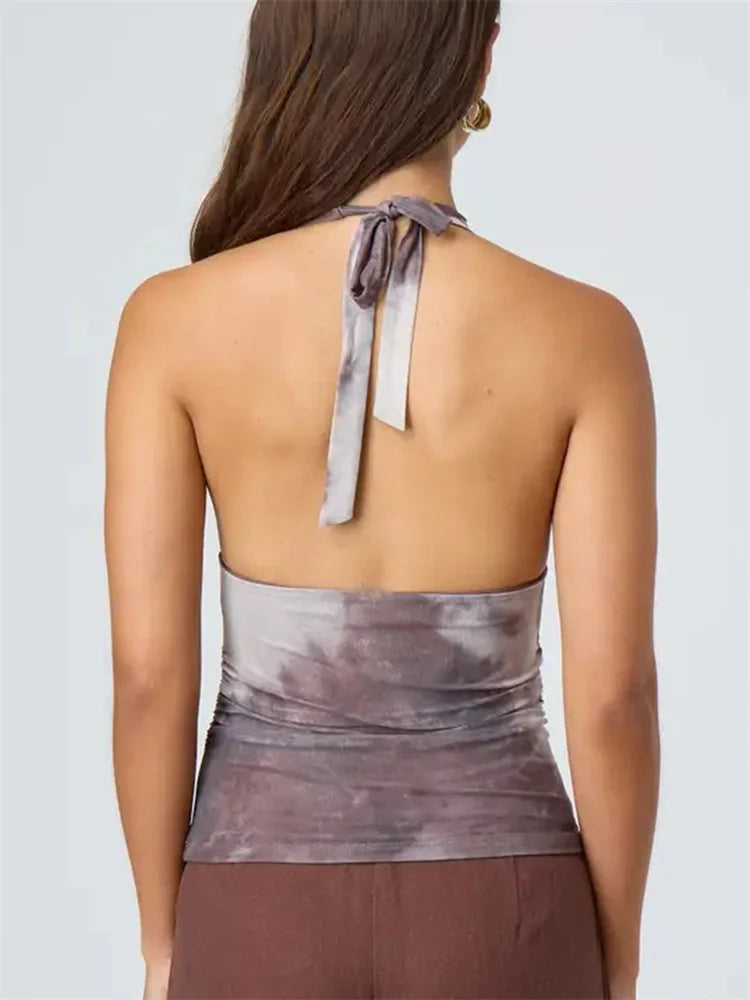 Sexy Tie-up Halter Tie-dye Ruched Crop Top