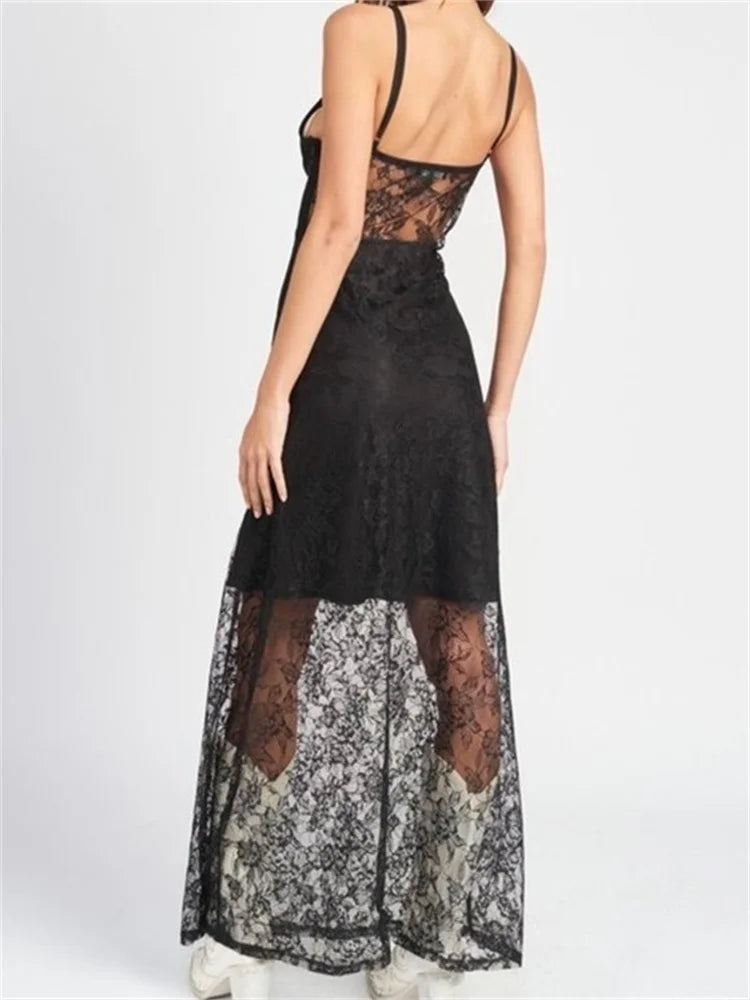 Lace Deep V-Neck Sheer Slip Maxi Dress 3