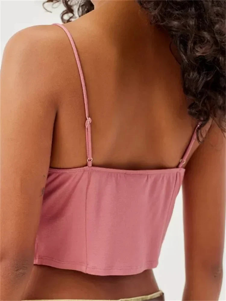 Floral Lace Trim Ruffle Split Strap Crop Top