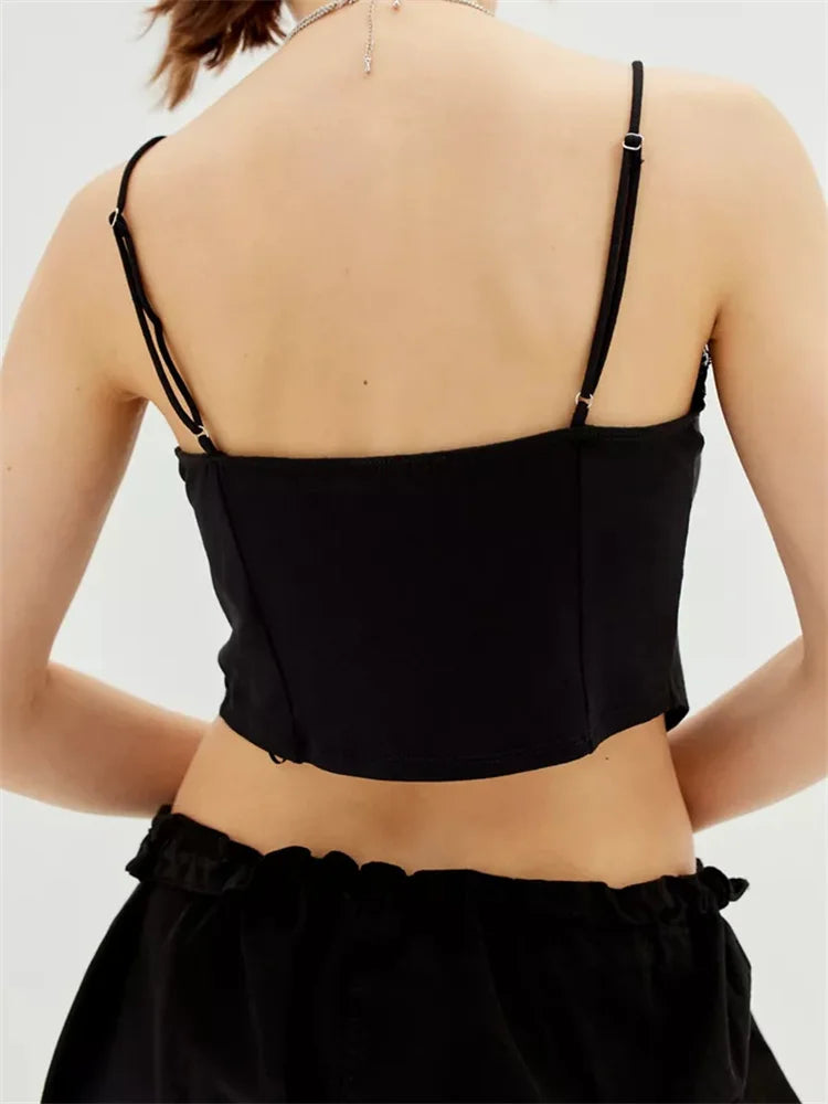 Floral Lace Trim Ruffle Split Strap Crop Top