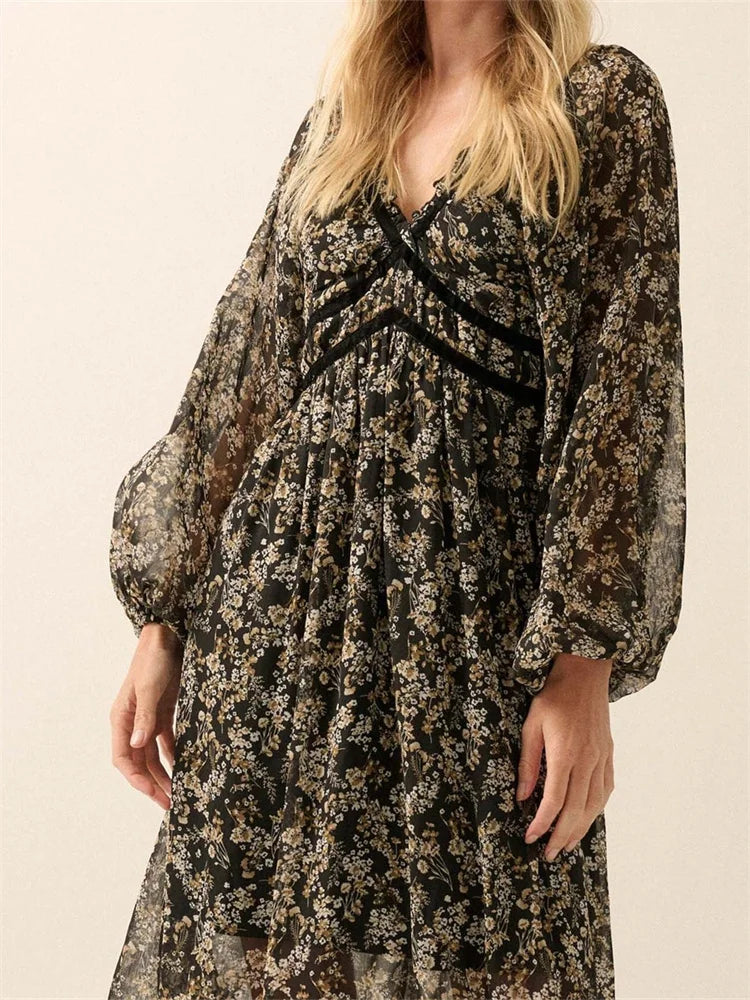 Floral V-Neck Long Sleeve Sheer Tiered Maxi Dress 3