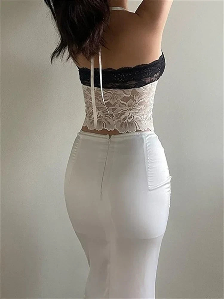 Lace Halter Tie-up Backless Patchwork Tank Top