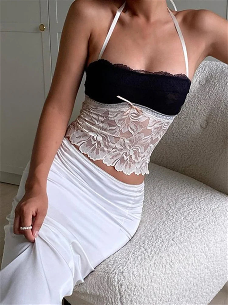 Lace Halter Tie-up Backless Patchwork Tank Top