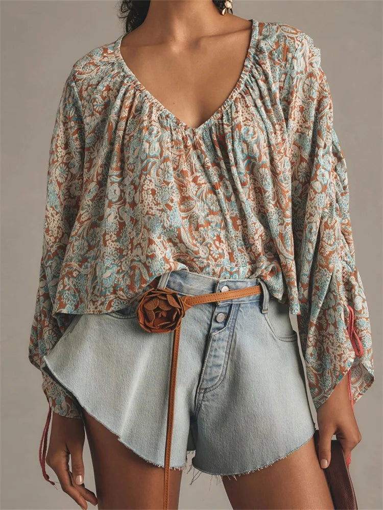 Floral Tie-Up Flare Sleeve Boho Blouse