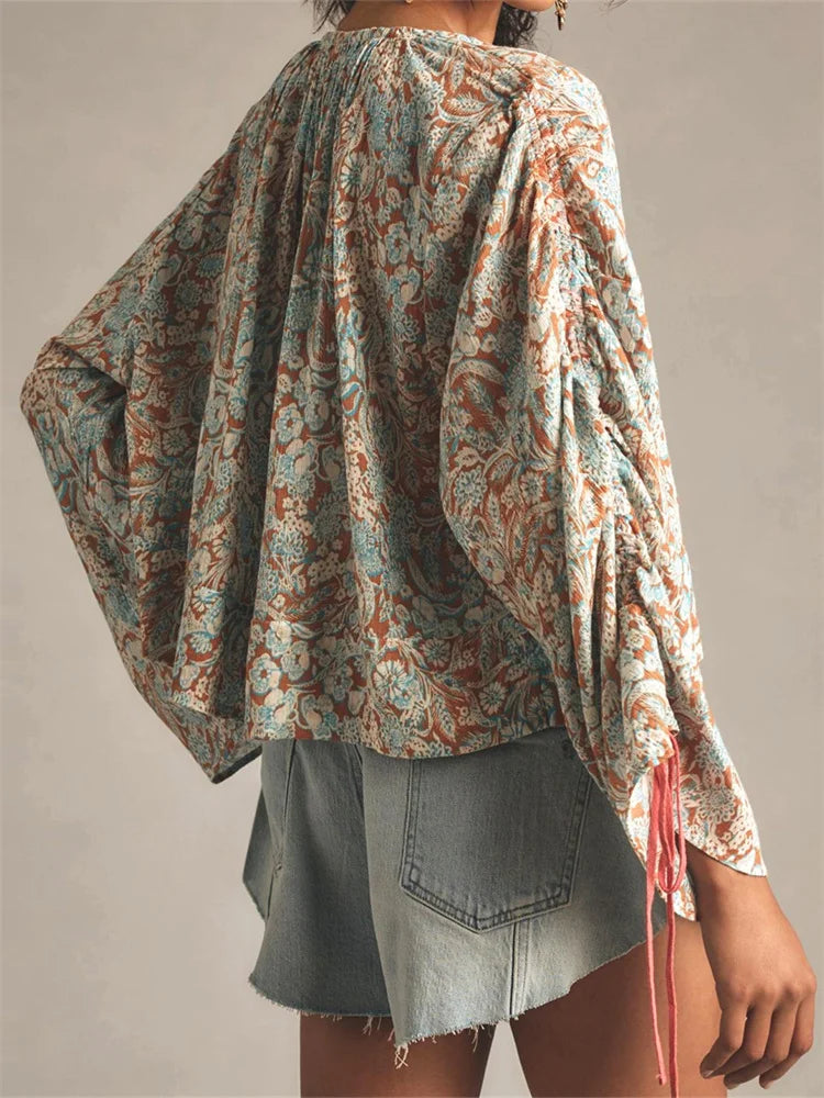 Floral Tie-Up Flare Sleeve Boho Blouse