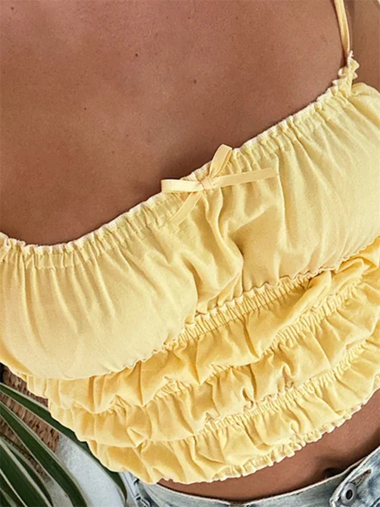 Vintage Ruched Solid Bow Slim Crop Top