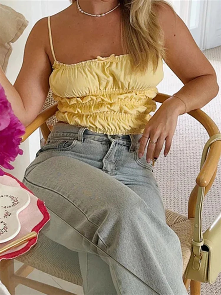 Vintage Ruched Solid Bow Slim Crop Top