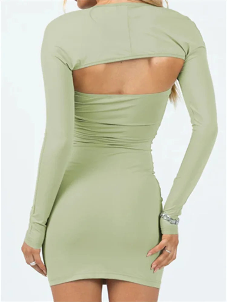 Asymmetric Neck Long Sleeve Ruched Bodycon Mini Dress 4