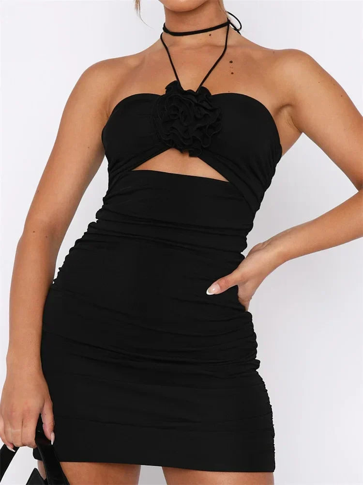 Rosette Strapless Cutout Ruched Bodycon Mini Dress