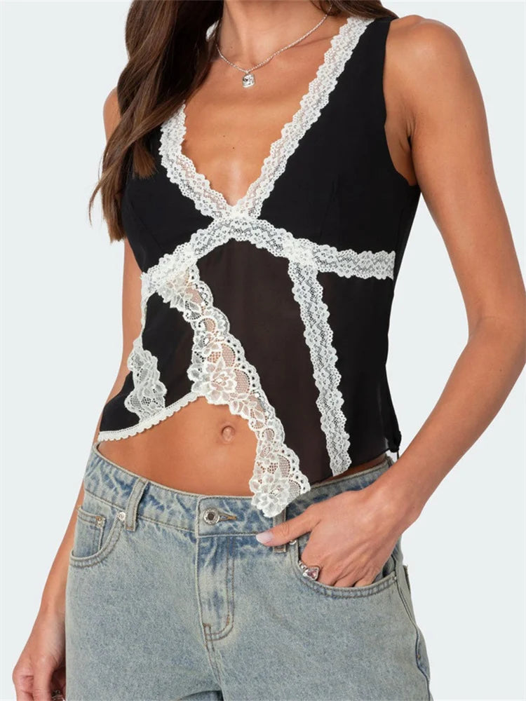 Asymmetrical Lace Trim Deep V-neck Slim Crop Top