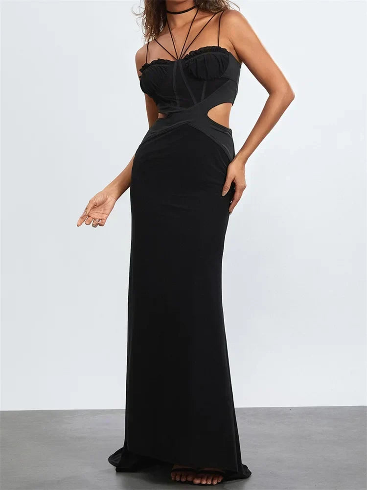 Women Black Halter Sleeveless Slim Waist Hollow Out Spaghetti Strap Evening Summer Female Vestidos