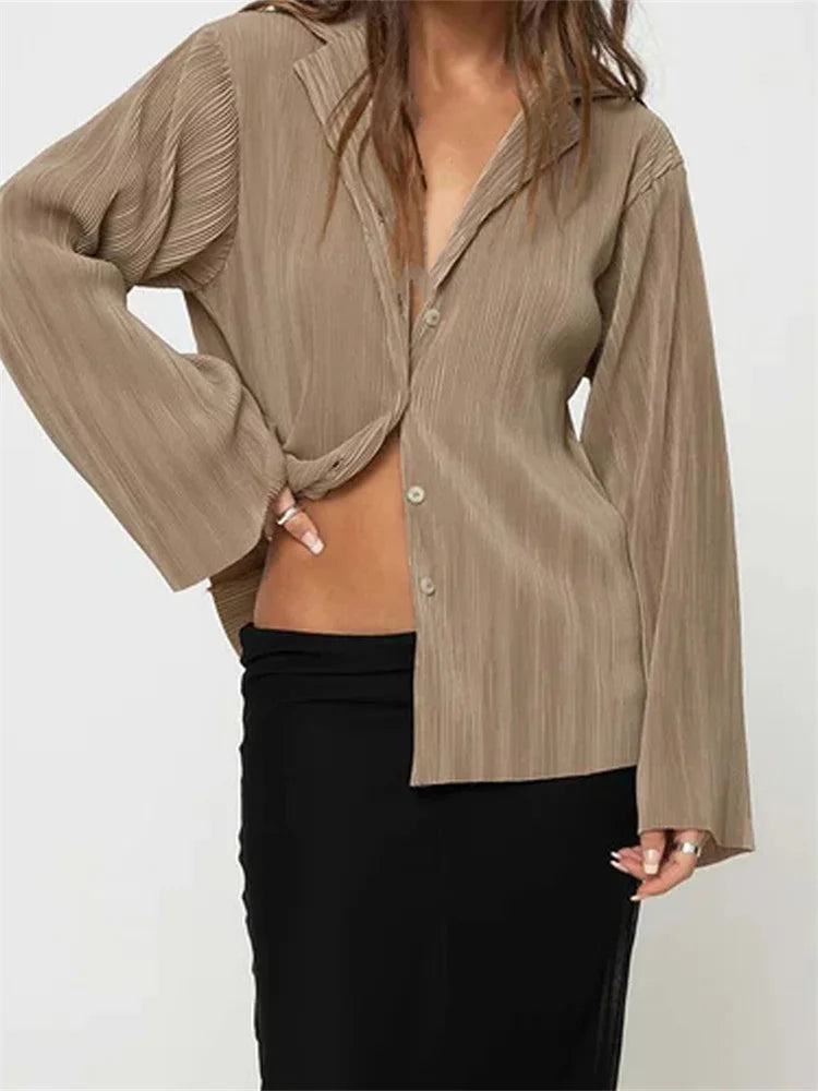 Pleated V-neck Button-Down Blouse