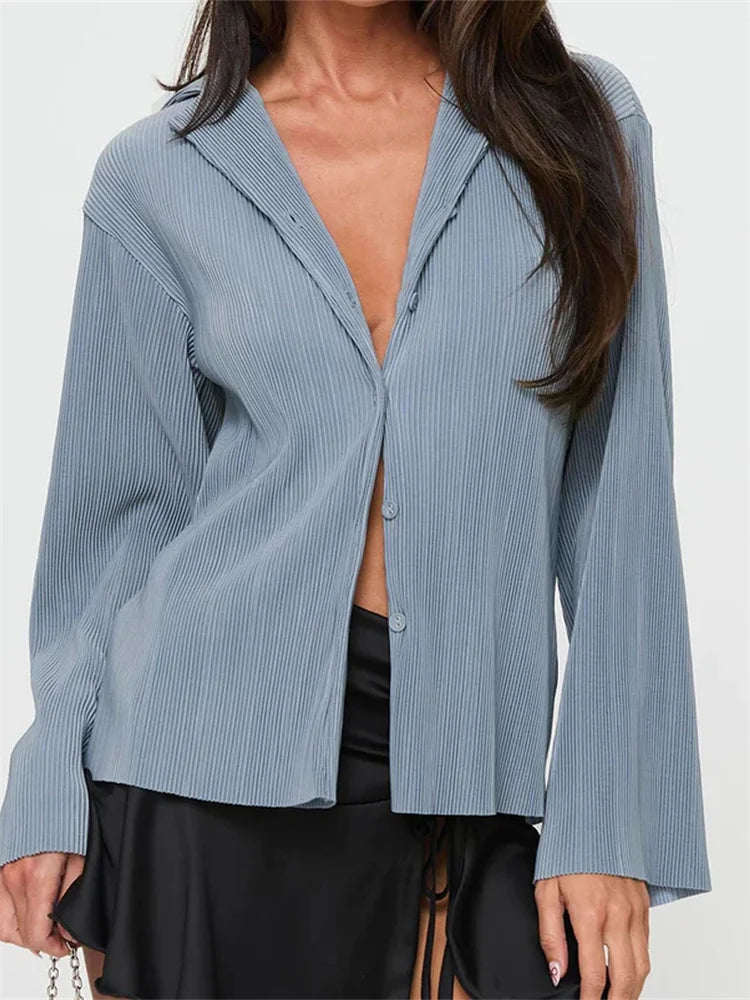 Pleated V-neck Button-Down Blouse