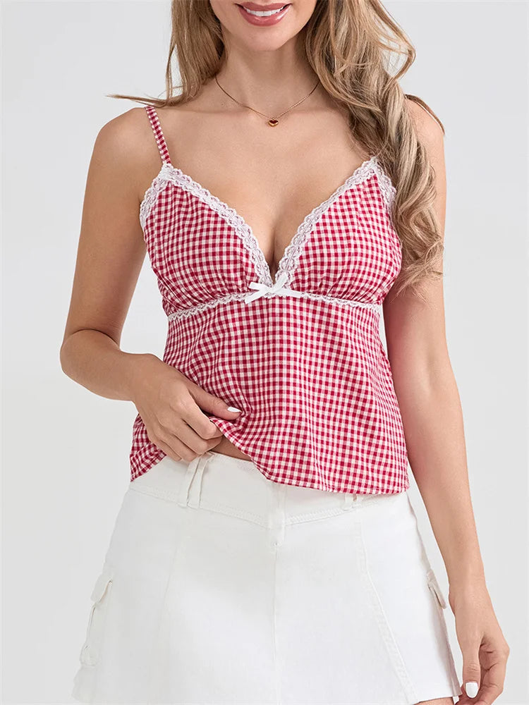 Plaid Lace Trim Spaghetti Strap Tank Crop Top