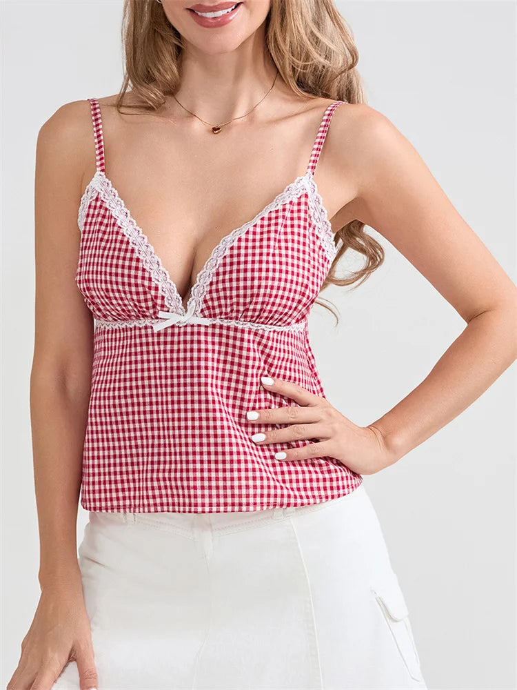 Plaid Lace Trim Spaghetti Strap Tank Crop Top