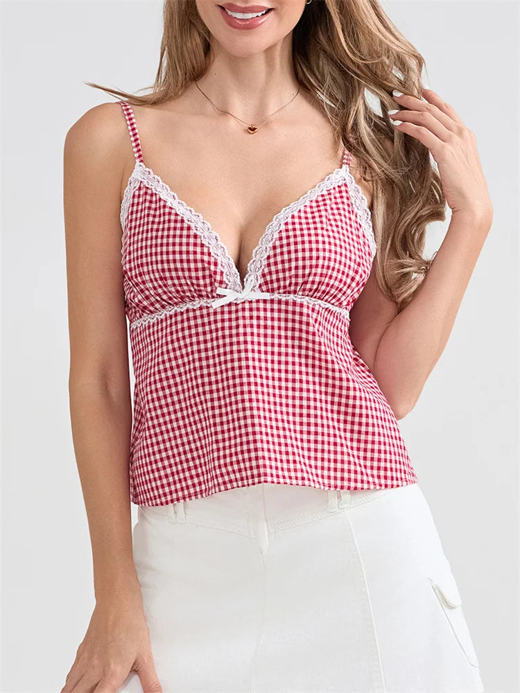 Plaid Lace Trim Spaghetti Strap Tank Crop Top