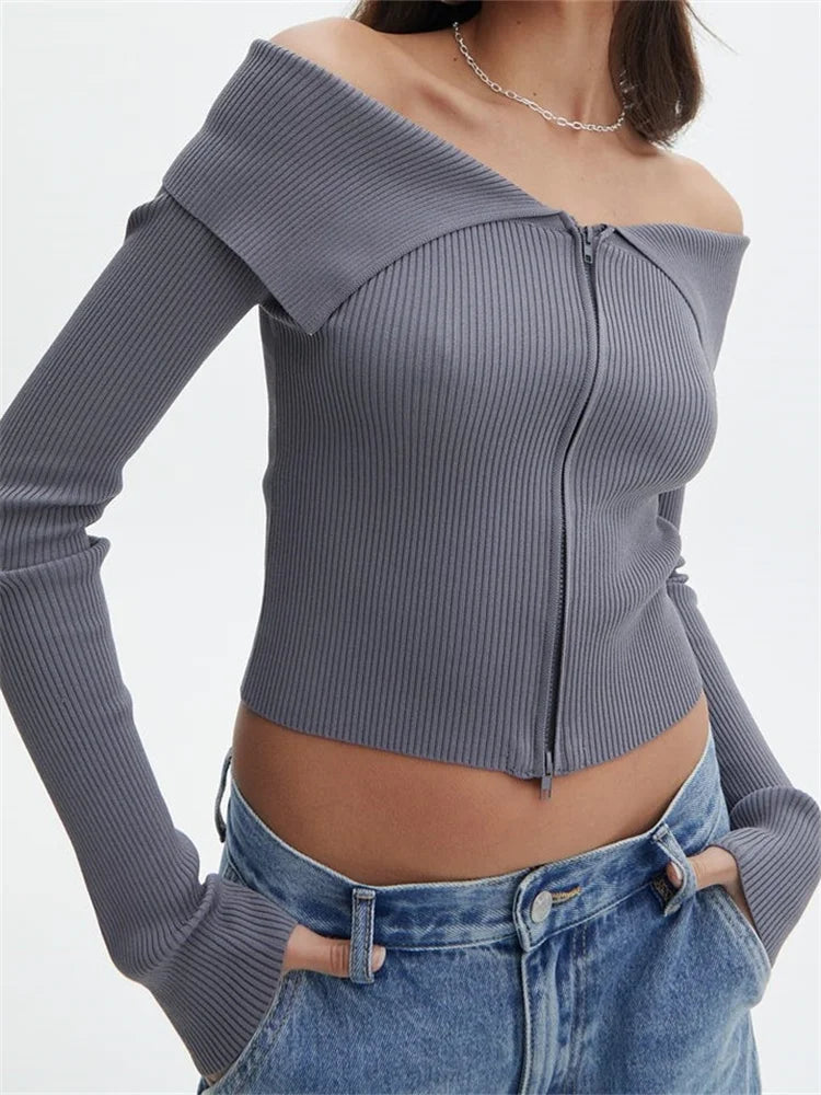 Basic Knitted Solid Long Sleeve Off Shoulder Casual Zipper Cardigans Sweater 7