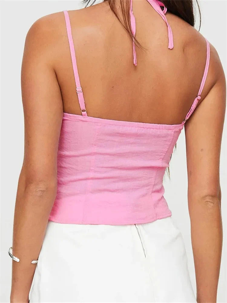Slim Lace Trim Halter Tie-up Backless Crop Top