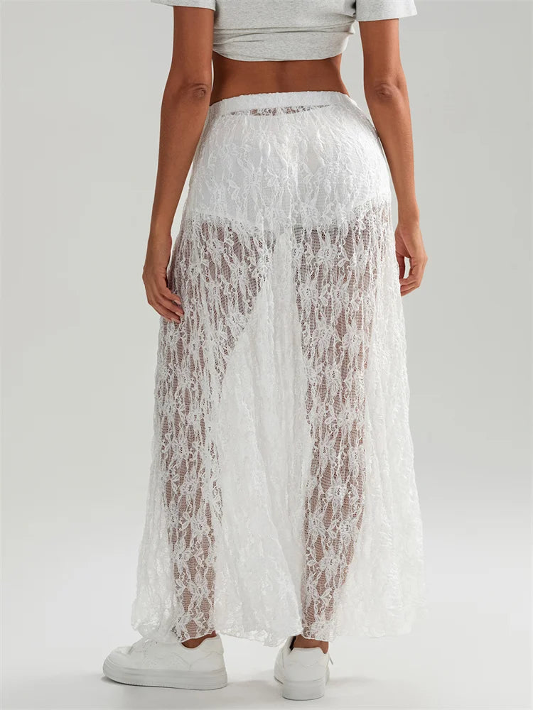 Fall Long Maxi Skirt Elastic Waist Lace Floral Casual Skirt