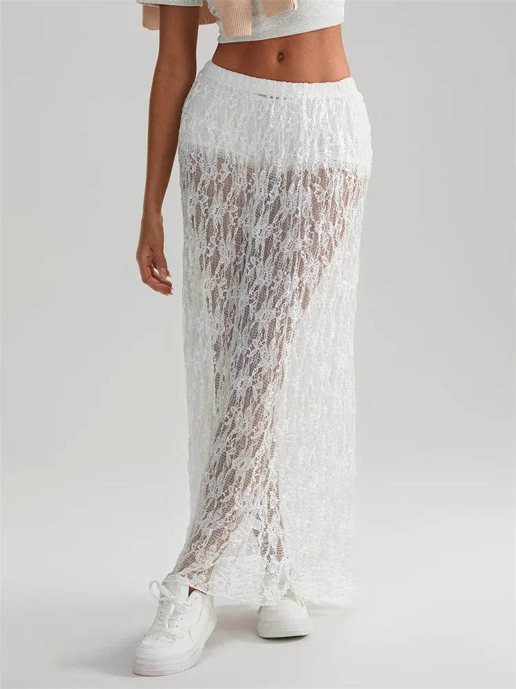 Fall Long Maxi Skirt Elastic Waist Lace Floral Casual Skirt