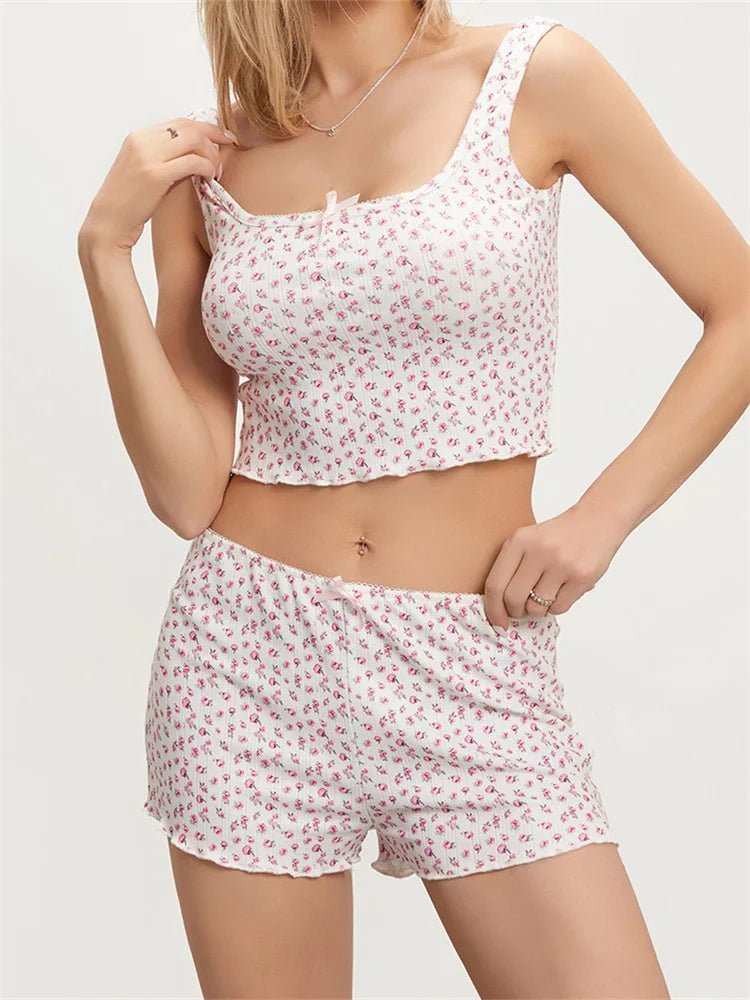 Floral Print Sleeveless Square Neck Camis Crop Top with Shorts Pajama Set