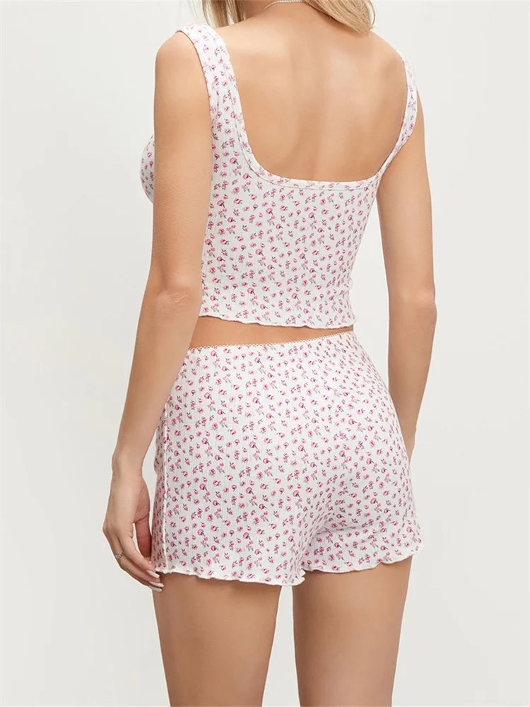 Floral Print Sleeveless Square Neck Camis Crop Top with Shorts Pajama Set