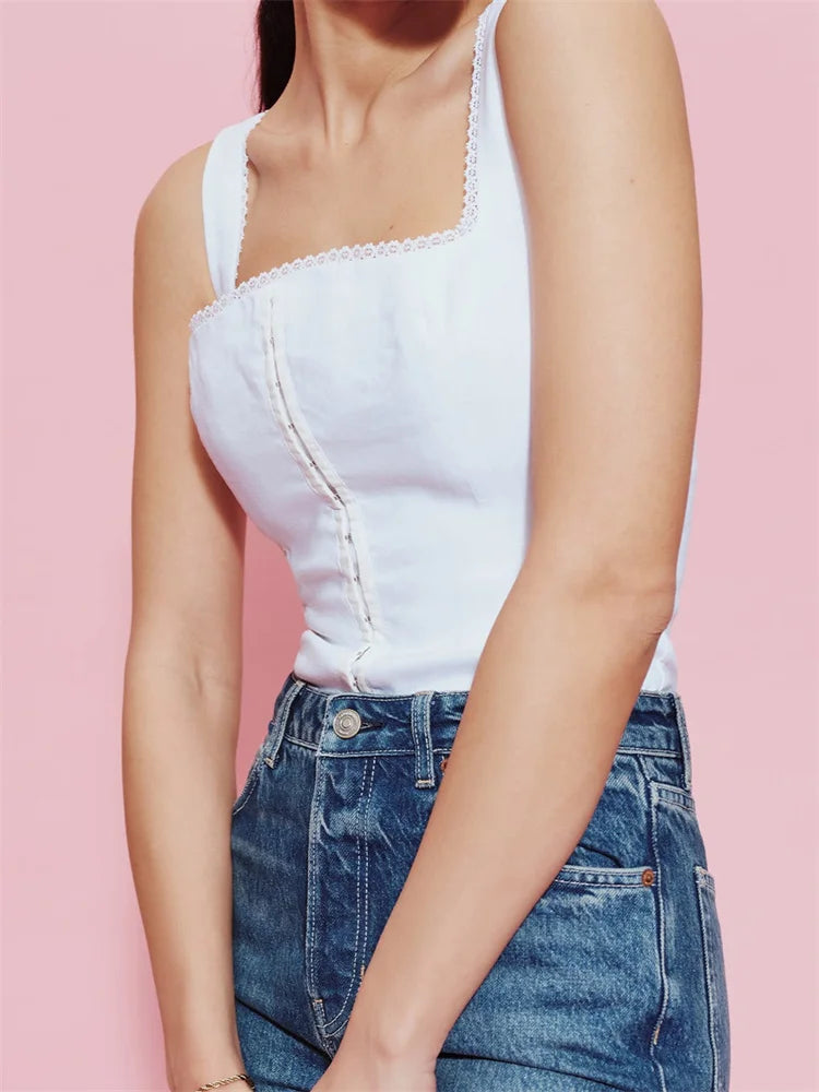 Button-up Square Neck Lace Floral Crop Top