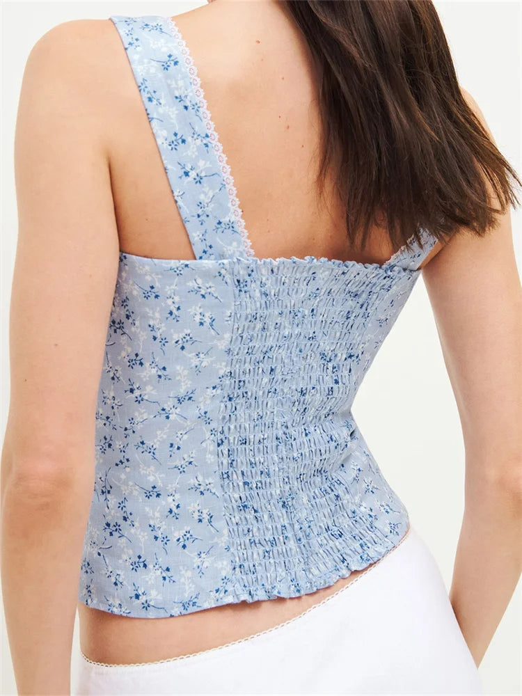 Button-up Square Neck Lace Floral Crop Top