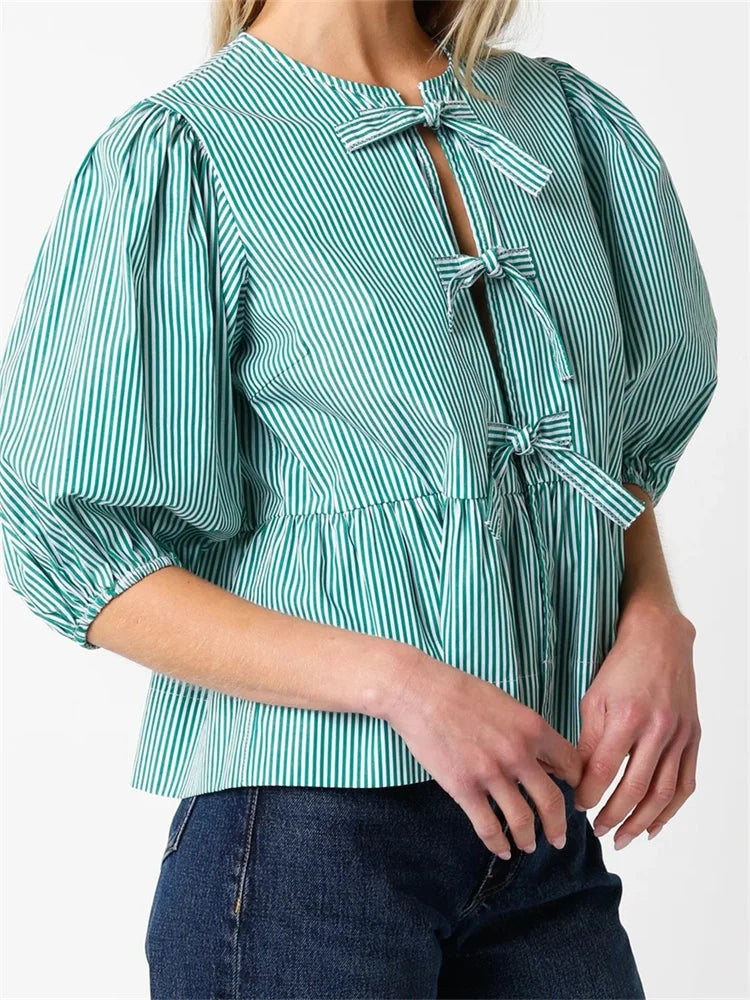 Front Split Bowknot Tie-Up Puff Sleeve Blouse