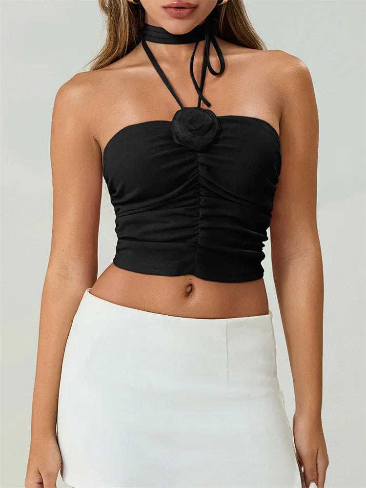 Off Shoulder 3D Flower Ruched Tube Crop Top