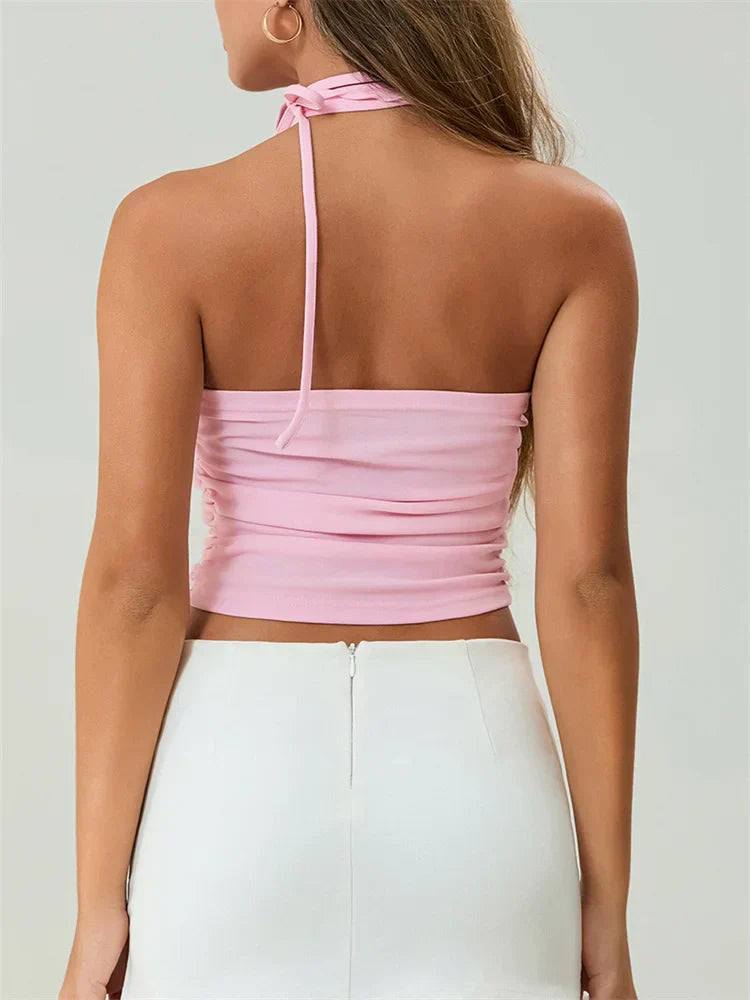 Off Shoulder 3D Flower Ruched Tube Crop Top