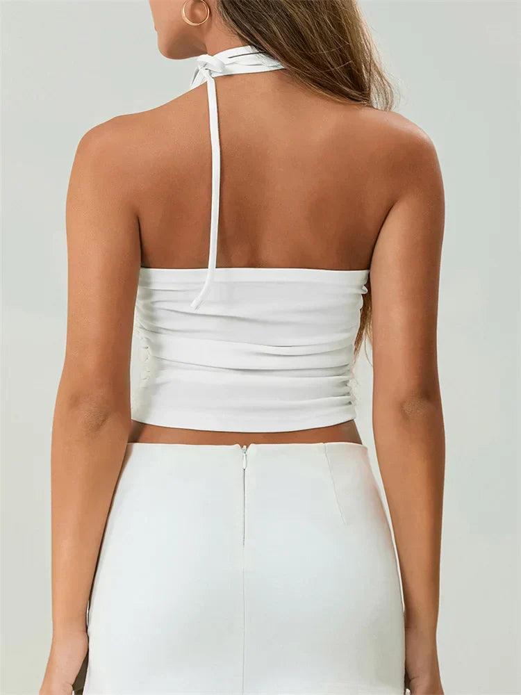 Off Shoulder 3D Flower Ruched Tube Crop Top