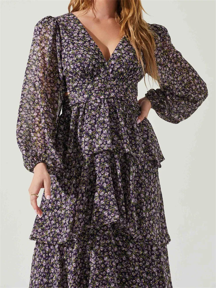 Floral Ruffle V-Neck Long Sleeve Tiered Maxi Dress 6