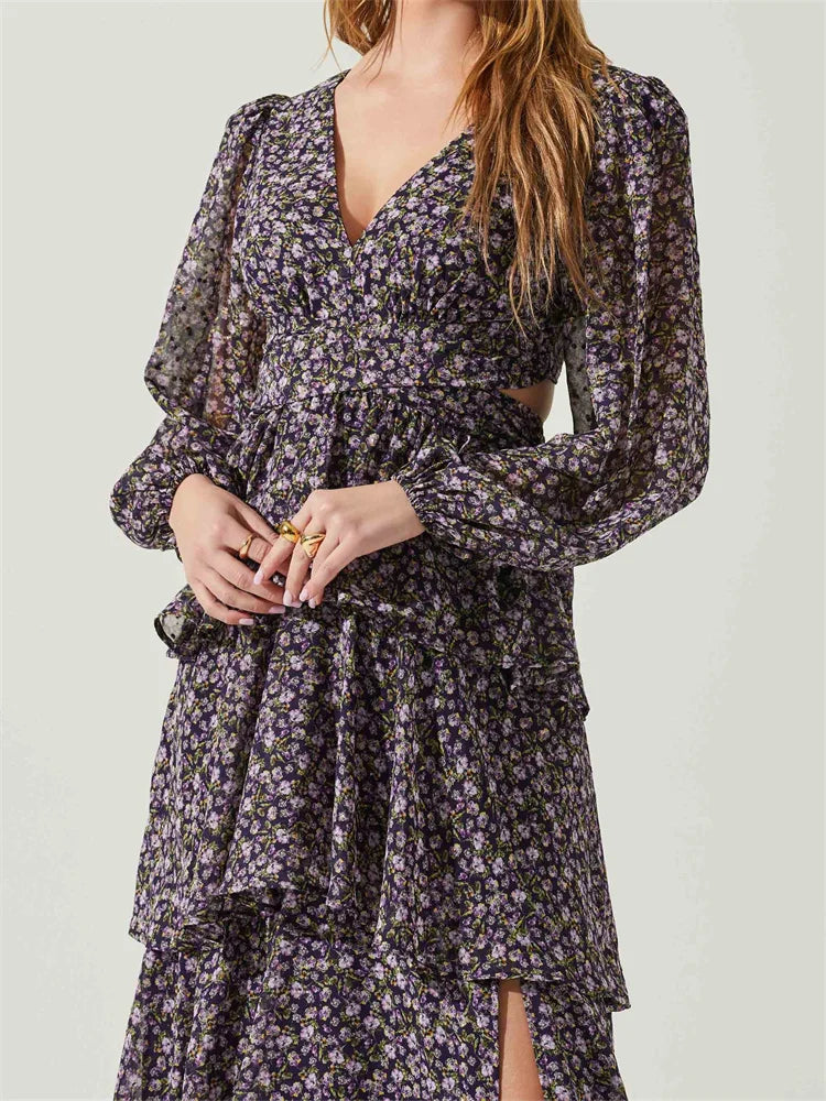 Floral Ruffle V-Neck Long Sleeve Tiered Maxi Dress 5