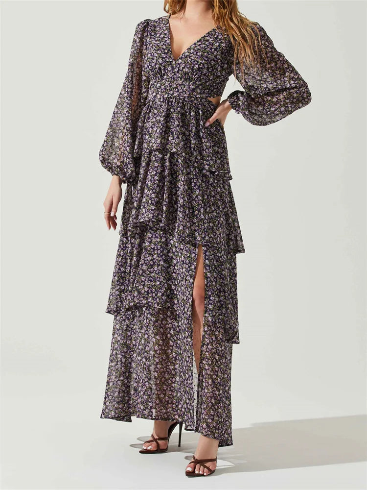 Floral Ruffle V-Neck Long Sleeve Tiered Maxi Dress 3