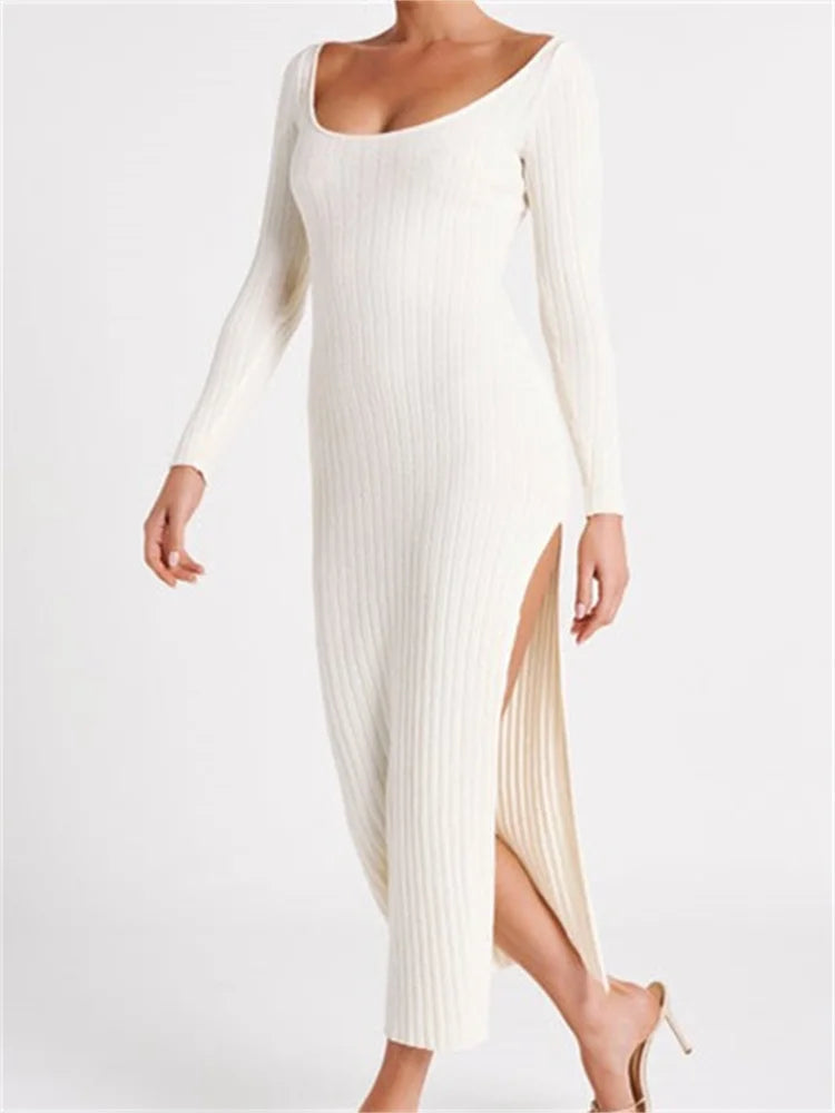 Ribbed Knit Scoop Neck Long Sleeve Bodycon Maxi Dress 4