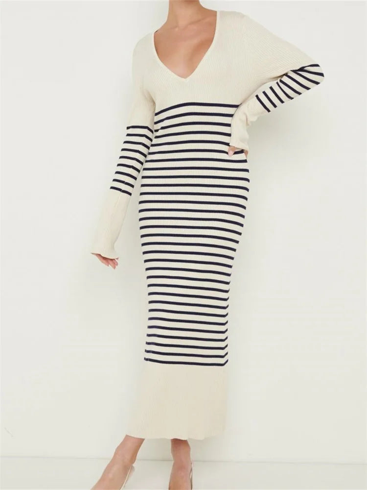 Striped Ribbed Knit V-Neck Long Sleeve Maxi Dress 4