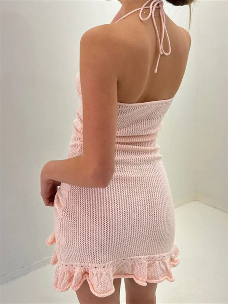 Knitted Flower Ruffled Mini Dress