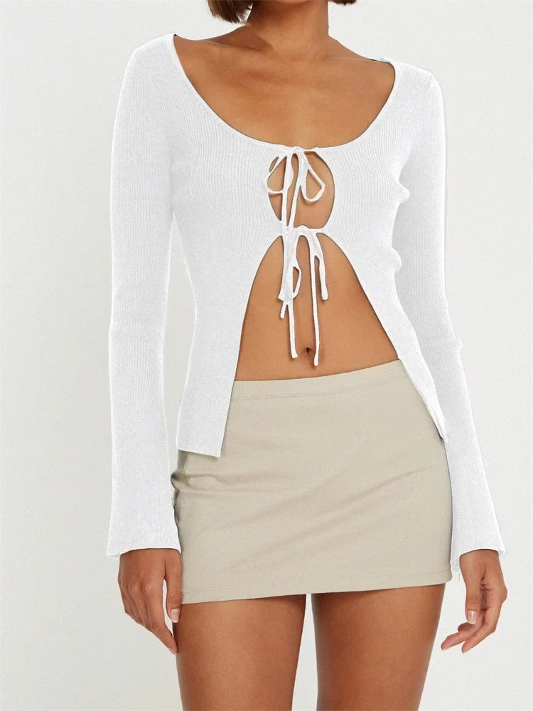 Knitted Ribbed Cardigan Long Sleeve Front Split Tie-up Slim Fit Solid Aesthetic Sweater 11