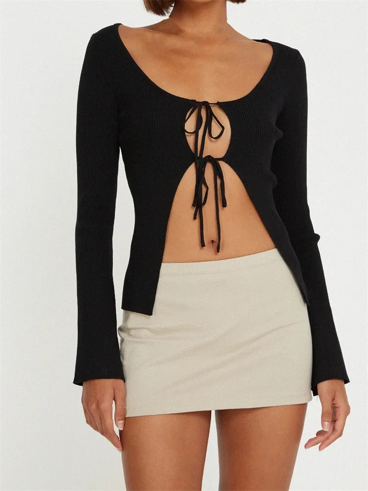 Knitted Ribbed Cardigan Long Sleeve Front Split Tie-up Slim Fit Solid Aesthetic Sweater 9