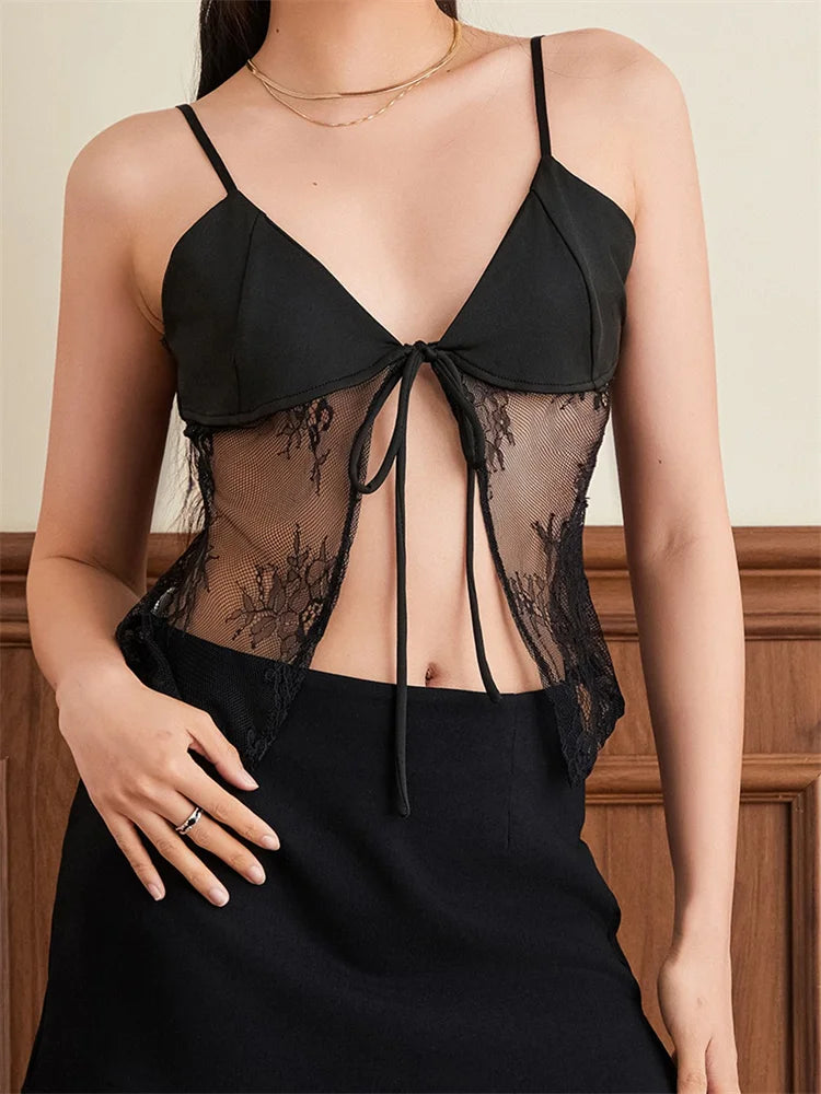 Lace Spaghetti Strap Split See-through Crop Top