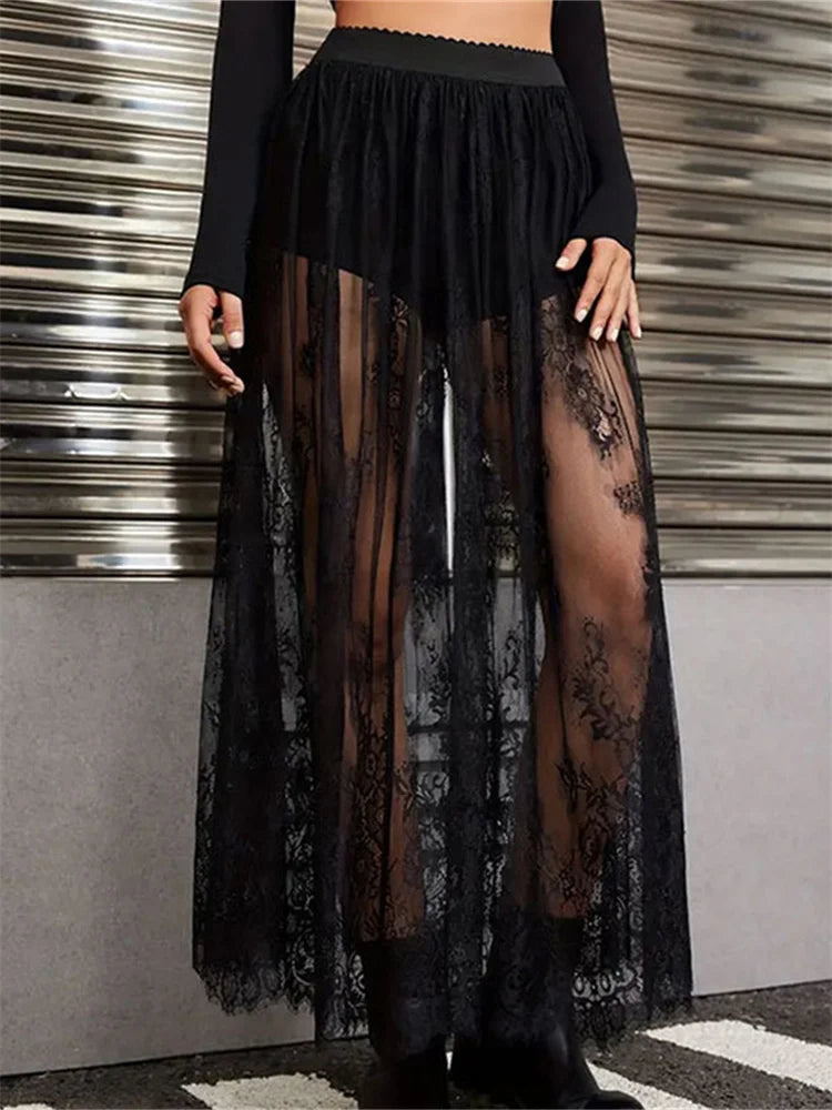 Lace Floral Long Maxi Skirt Solid Mesh Built-in Shorts Skirt