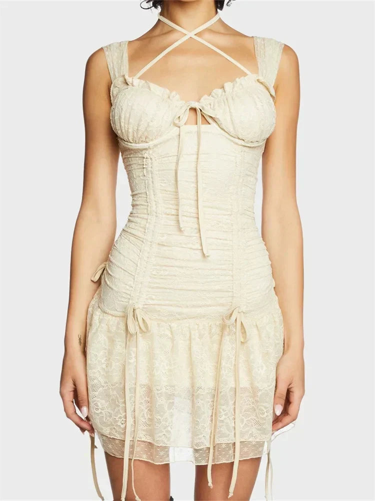 Lace Floral Ruched Sleeveless Strap Mini Dress