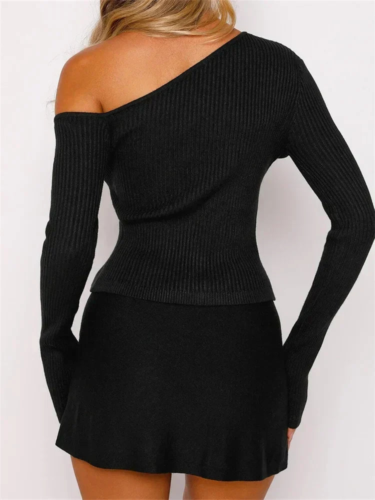 Long Sleeve Off Shoulder Front Zip Up Ribbed Knitted Cardigan T-Shirts