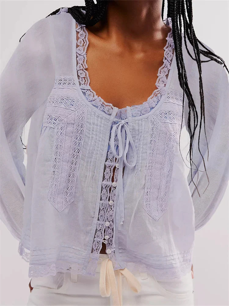 Lace Patchwork Button Tie-Up Blouse