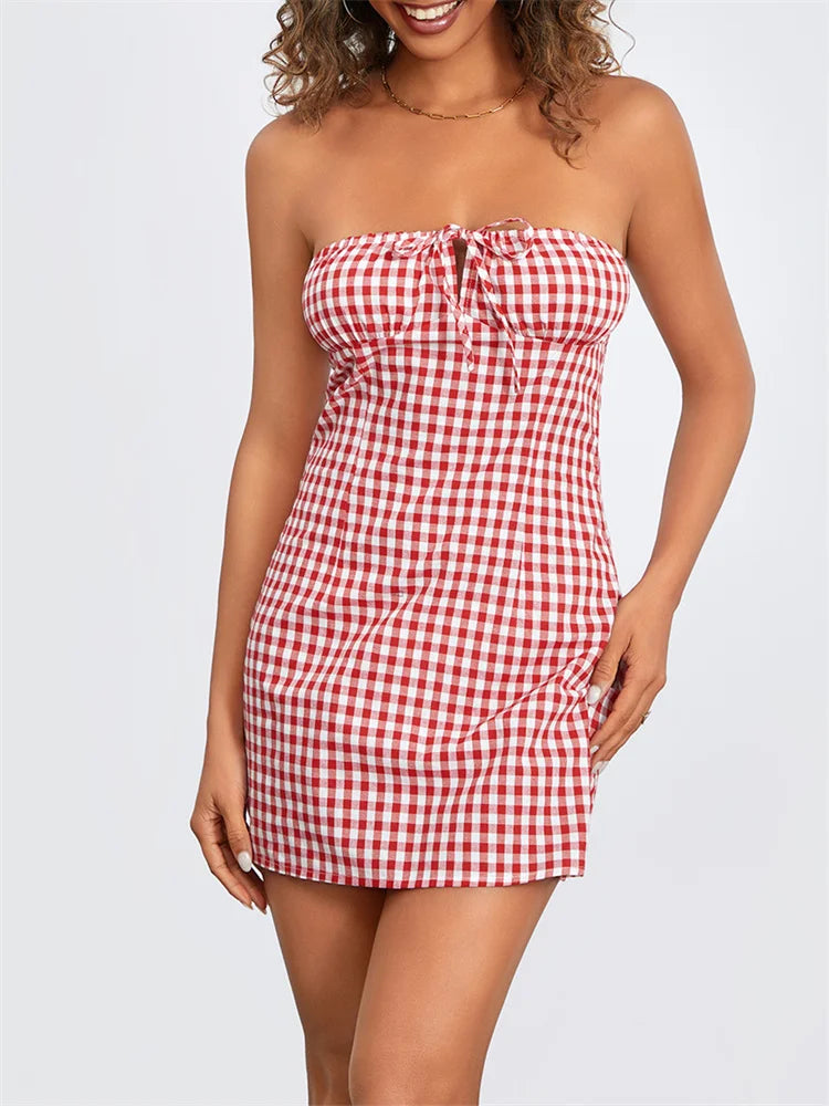 Plaid Slim-Fit Tie-Up Mini Dress