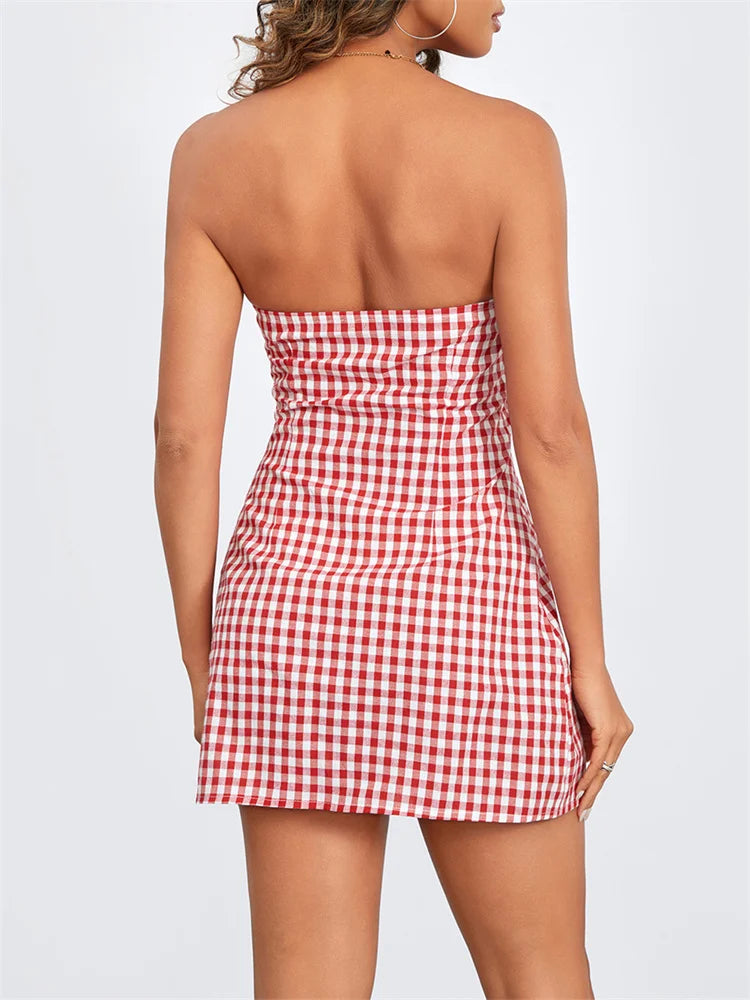 Plaid Slim-Fit Tie-Up Mini Dress