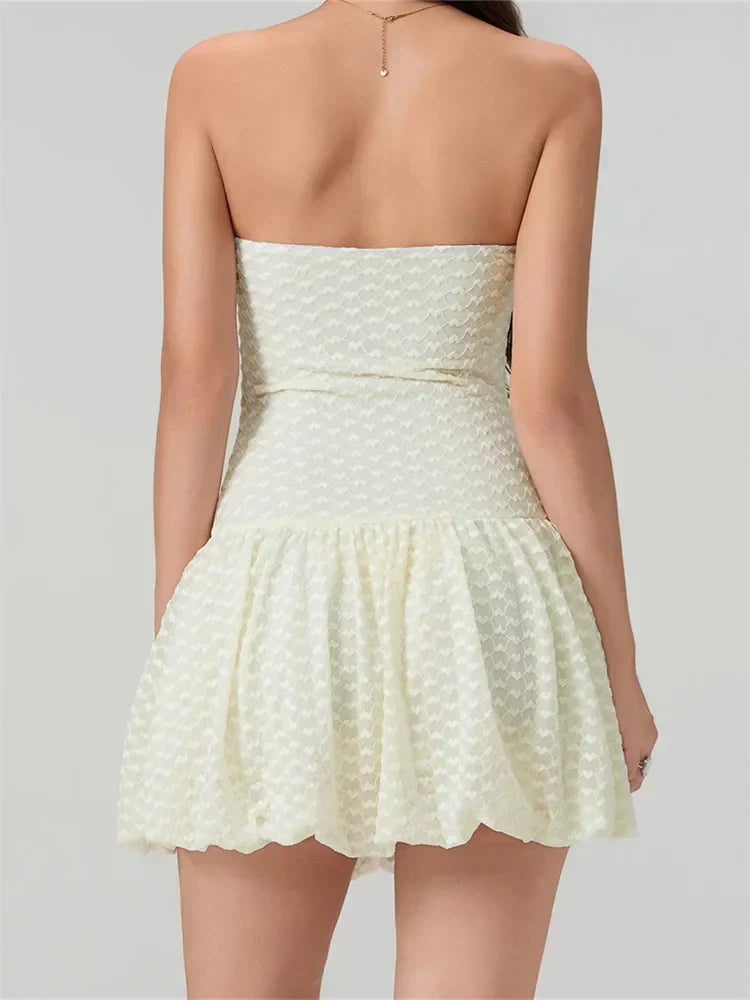 Textured Strapless Bow Bubble Hem Mini Dress